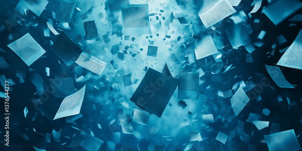 Obraz Blue falling paper sheets in digital motion background concept
