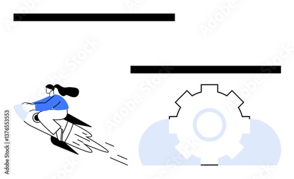 Fototapeta Woman in motion riding a rocket, gear mechanism representing ideas, progress, or innovation. Ideal for technology, startup, speed, creativity, problem-solving development futuristic flat simple