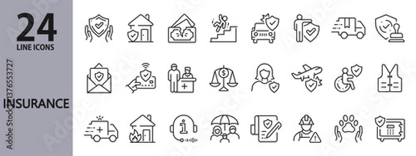 Obraz Insurance line icons set with Health, Assurance, Medical, Accident, Risk, Safety, Family and more. Editable Stroke