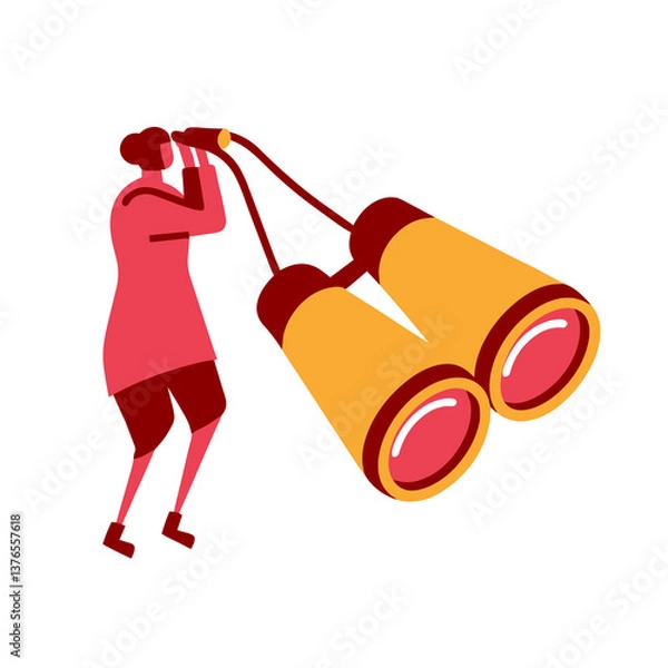 Fototapeta Woman looking through binoculars in flat colorful style, AI Generation
