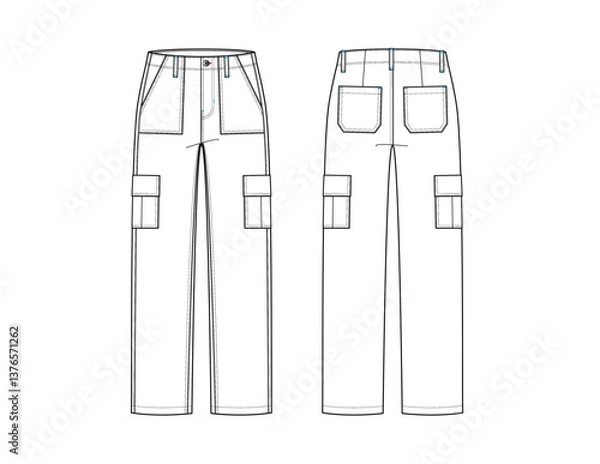 Obraz Women's Mid rise cargo pants technical flat sketch fashion design vector