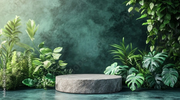 Fototapeta Greenery backdrop with circular stone platform for display