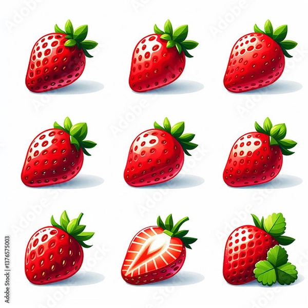 Fototapeta Set of strawberries isolated fruits from different views vector illustrations isolated on white background