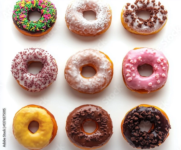 Fototapeta Happy donuts in pastel colors, each with a unique topping and cheerful design