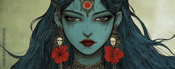 Fototapeta Mythological South Asian goddess with turquoise skin and long flowing hair, adorned in skull jewelry and red hibiscus flowers on textured beige background, ideal for fantasy books, mystical editorials