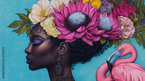 Obraz Elegant African woman with dark skin, adorned in bold floral crown and pink flamingo on turquoise background, ideal for fashion campaigns, cultural pride editorials, and nature-inspired branding with 