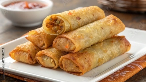 Fototapeta A tempting stack of golden-brown spring rolls, crispy and inviting, promising a flavorful explosion of tastes, presented on a pristine white plate with a hint of spicy dipping sauce.