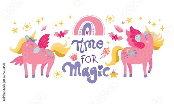 Fototapeta Cute card with magic unicorns, rainbow, stars. Vector girlish background. Time for magic.