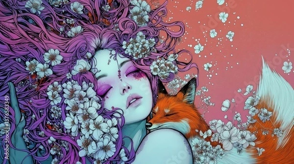 Obraz Dreamy pale-skinned woman with purple hair and closed eyes, surrounded by cherry blossoms and resting fox on warm coral background, ideal for fairytale books, romantic themes, or spring campaigns 