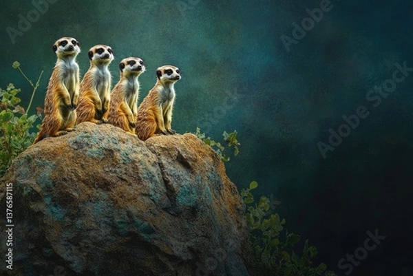 Fototapeta Four meerkats stand alert on a rock, showcasing their captivating vigilance in a serene natural setting.