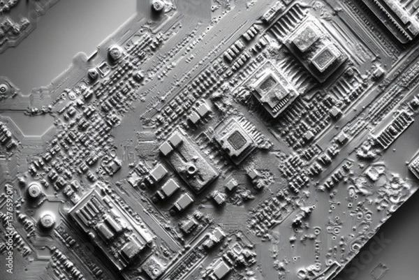 Obraz Close-up view of a circuit board's intricate pathways and components, showcasing technological complexity.