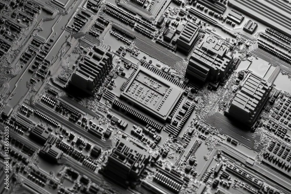 Obraz Close-up view of a complex computer circuit board, showcasing intricate design and components.