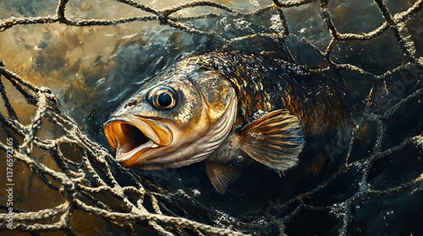 Fototapeta Fish struggling in net just above water surface, coin visible inside open mouth, early dawn light reflecting on wet textures, photoreal cinematic styleHighly detailed, cinematic composition,