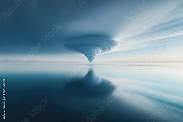 Fototapeta A mesmerizing waterspout descends from swirling clouds, its reflection mirroring the serene ocean below.