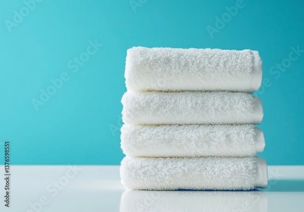 Fototapeta Stack of Fluffy White Towels on a Blue Background Ready to Use
