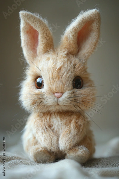 Fototapeta Stuffed easter bunny plushie on plain background 