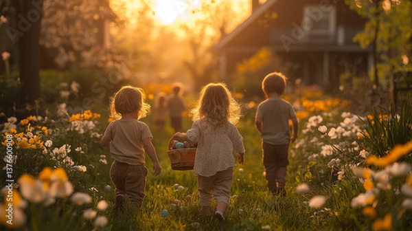 Fototapeta children doing easter egg hunt