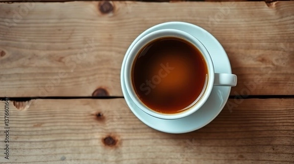 Fototapeta High-Resolution Stock Photo of a Coffee Cup on a Wooden Surface in a Mystical, Dreamlike Setting with Cool Tones of Blue, Green, and Purple, Creating an Ethereal and Elegant Mood