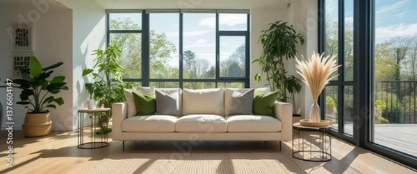 Obraz serene modern living room with white couch and large window