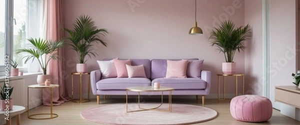 Obraz vibrant pink living room with purple couch: modern home decor inspiration