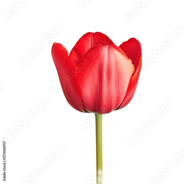 Fototapeta  Single red tulip bloom isolated on white background with delicate petals