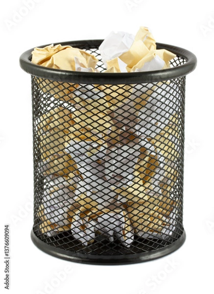 Fototapeta Trash can with crumpled paper