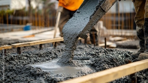Obraz A construction worker pouring liquid concrete into a mold at a job site. Featuring teamwork and precision