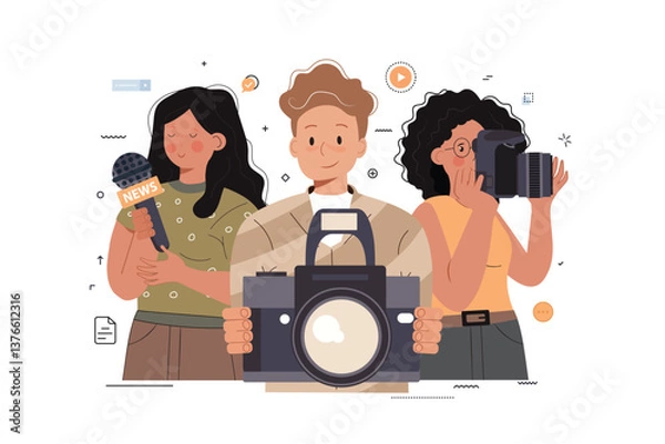 Fototapeta Journalism. Cartoon characters with cameras and microphones. Mass media, television, interview, breaking news, press conference concept. Flat vector