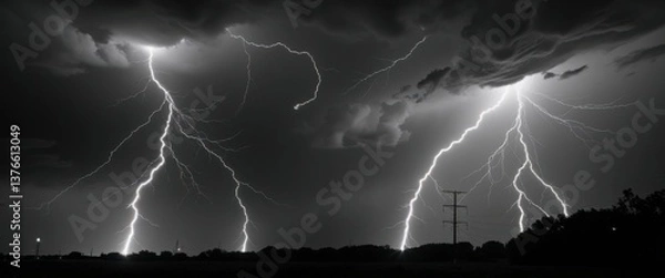 Obraz dramatic lightning strike over urban cityscape with power lines