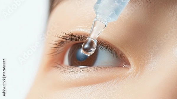Fototapeta Applying eye drops for moisture relief home health tip close-up care