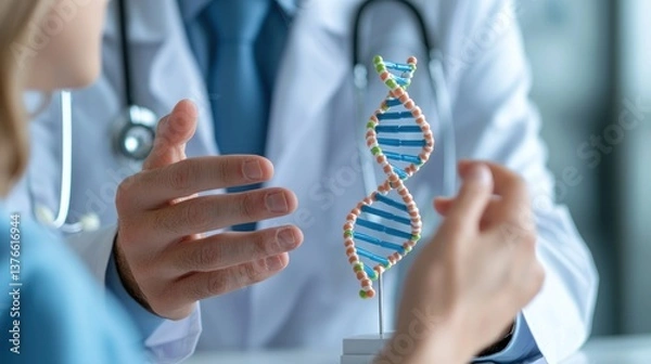 Fototapeta The doctor is explaining genetic concepts to a patient in a clinical environment close-up interaction