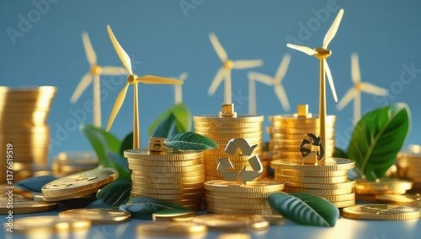 Obraz sustainable finance concept: pile of coins with wind turbines