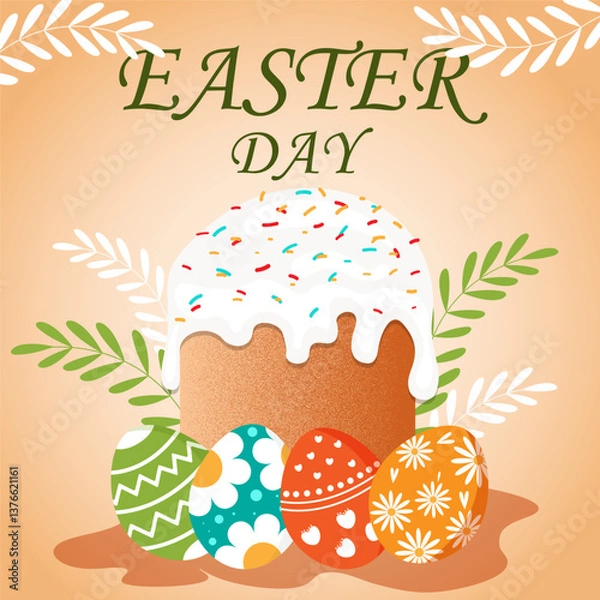 Fototapeta Easter card with kulich and eggs