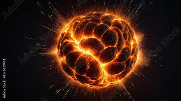 Fototapeta Explosive eruption of molten lava fragments illuminating the dark background with bright sparks flying in all directions