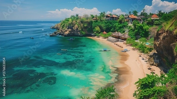 Fototapeta Empty Tropical Sandy Beach with Crystal Clear Sea Background – Tranquil Paradise View of Bali, Indonesia, Perfect for Vacation, Travel, and Relaxation Themes

