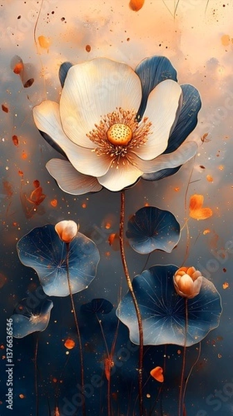 Obraz Elegant White and Blue Flowers with Golden Centers on Gradient Background

