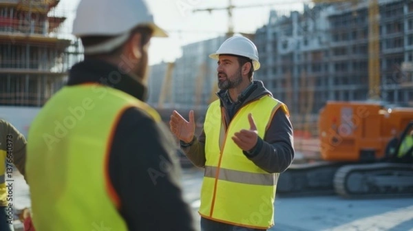 Obraz A construction manager giving instructions to workers on-site. Featuring leadership and collaboration
