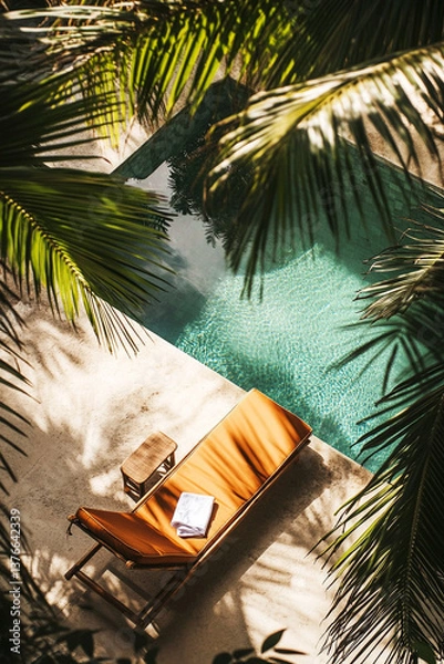 Fototapeta Tropical Poolside Relaxation with Sun Lounger and Palm Shadows