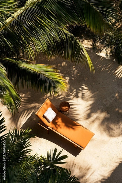 Fototapeta Tropical Poolside Relaxation with Sun Lounger and Palm Shadows