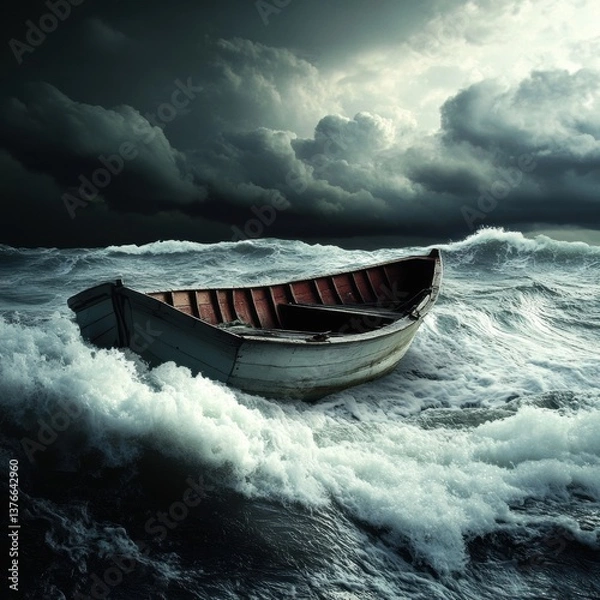 Fototapeta Stormy sea with a small boat caught in the waves as nature's fury unleashes its power over the water and sky Generative AI