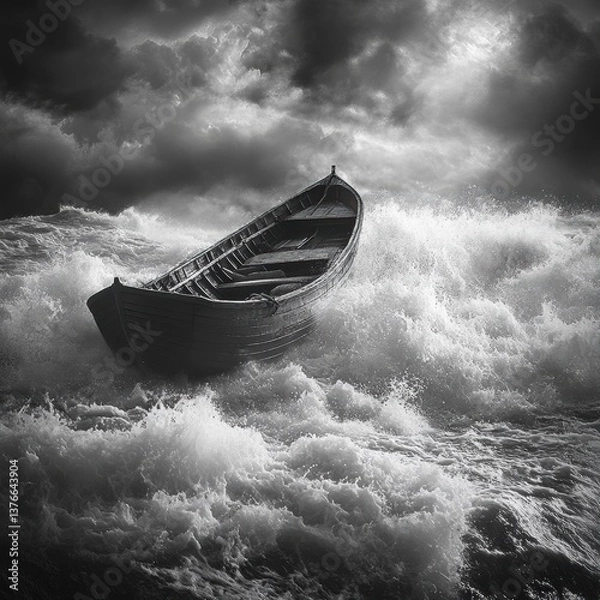 Fototapeta Storm at sea challenges faith as waves crash over a small boat while a figure confronts nature's fury and prays for salvation Generative AI