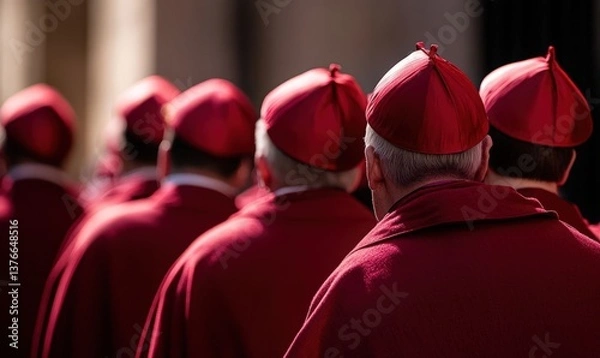 Fototapeta A group of cardinals in red mitres and burgundy robes, seen from behind at a papal conclave outside the Vatican Palace, with soft sunlight creating dramatic highlights and shadows.