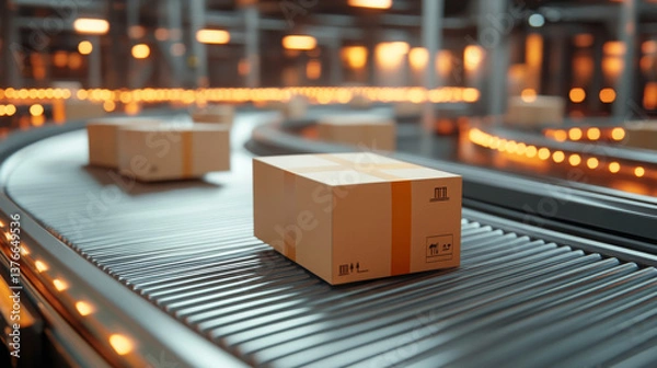 Fototapeta A logistics hub bustling with activity as parcels move along a conveyor belt, showcasing the efficiency of modern supply chain operations.