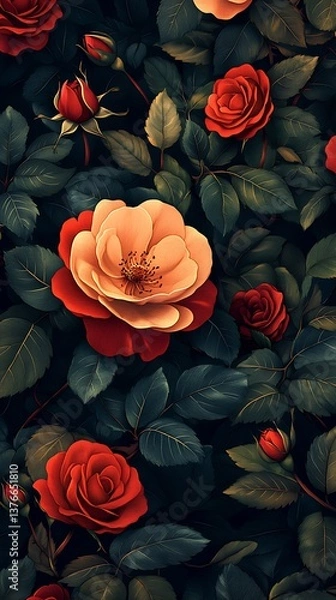 Obraz Close-Up Of Red And Peach Roses With Green Leaves

