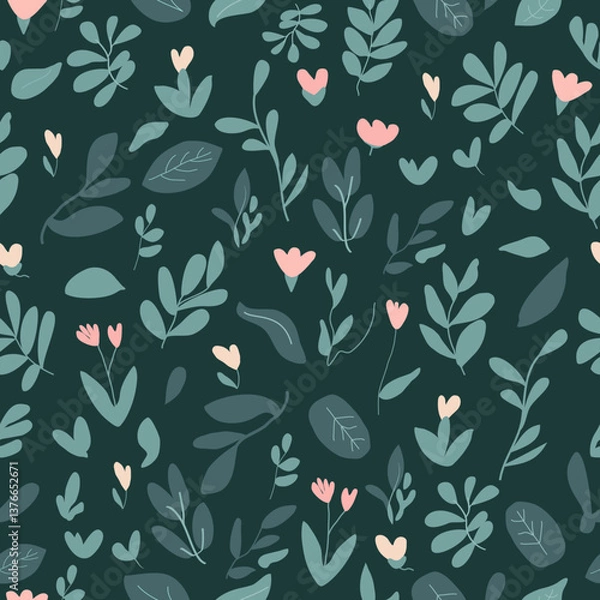 Fototapeta Hand drawn floral seamless pattern. Cute background with colored flowers and leaves. Simple graphic design. Scandinavian style. Vector illustration on dark green