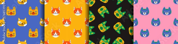 Fototapeta Whimsical colorful collection of seamless patterns with fluffy cat faces. Simple bright happy kitten heads prints set for textiles wrapping paper and socks design. Cheerful animals.