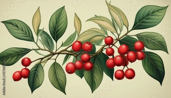 Fototapeta botanical illustration of a branch with red berries and green leaves