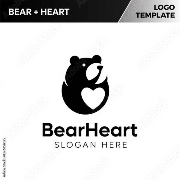 Fototapeta Bear + Heart Simple Negative Space Logo Template 2	