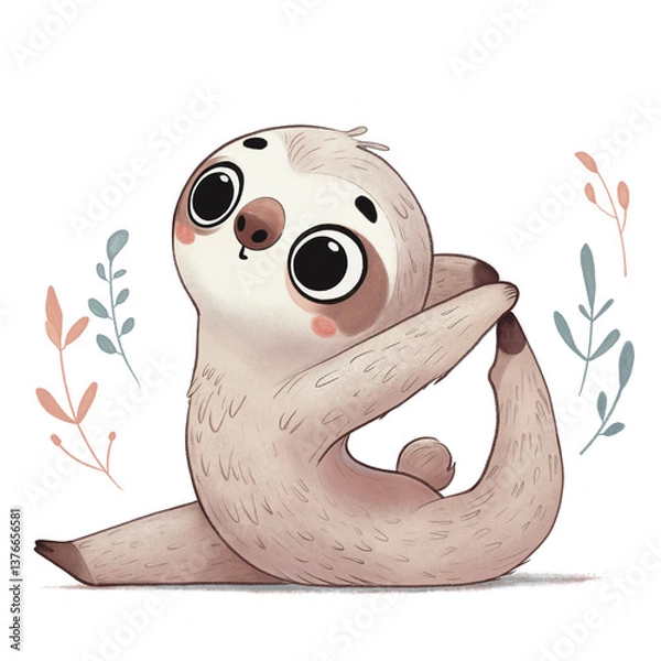 Fototapeta Cute sloth doing yoga, stretching, and smiling – adorable watercolor animal illustration on a transparent background funny cartoon sloth