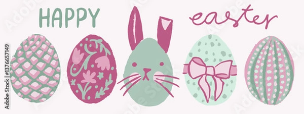 Fototapeta Colourful collection of painted Easter eggs, pink and green palette